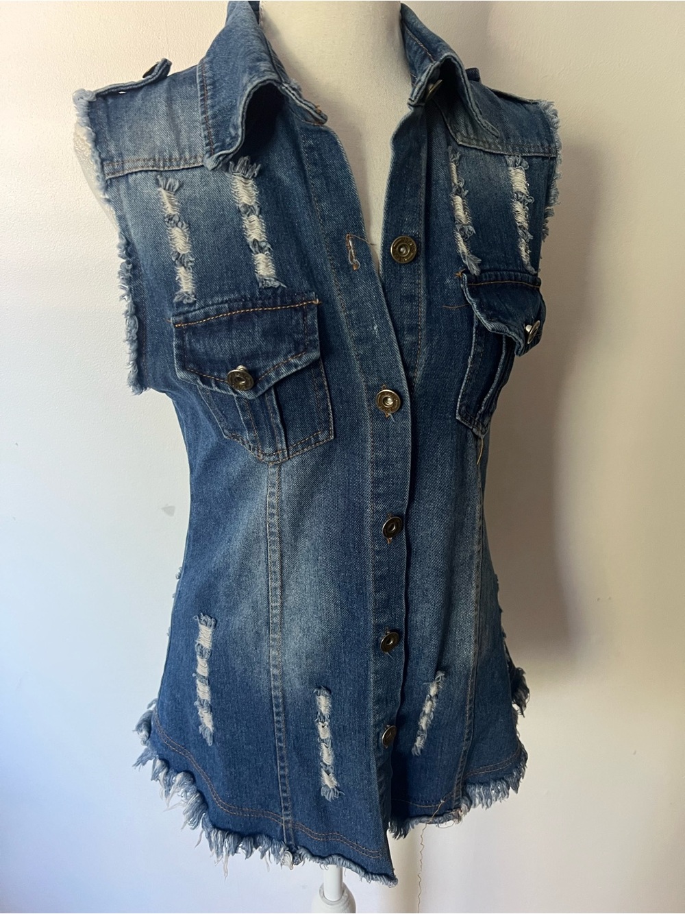 Forever Fashion Womens Distressed Sleeveless Denim Button-Up Vest - Blue, Size S